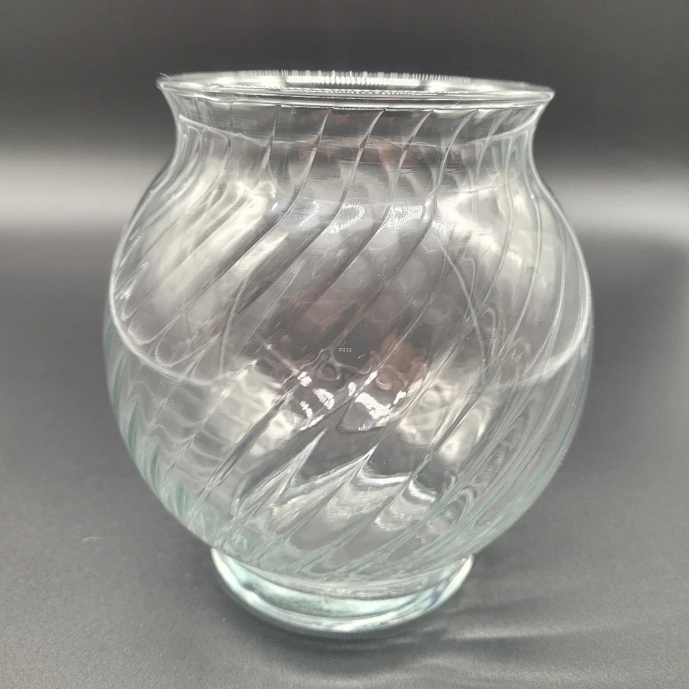 Vintage Indiana Clear Glass Ruffle Top & Ribbed Swirl Clear Glass Rose Bowl Vase